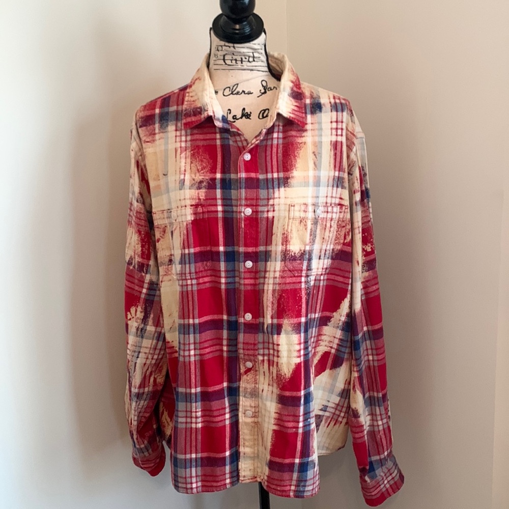 Franklin Flannels Vintage Bleach Splattered Button Down 
(Red,White & Blue)